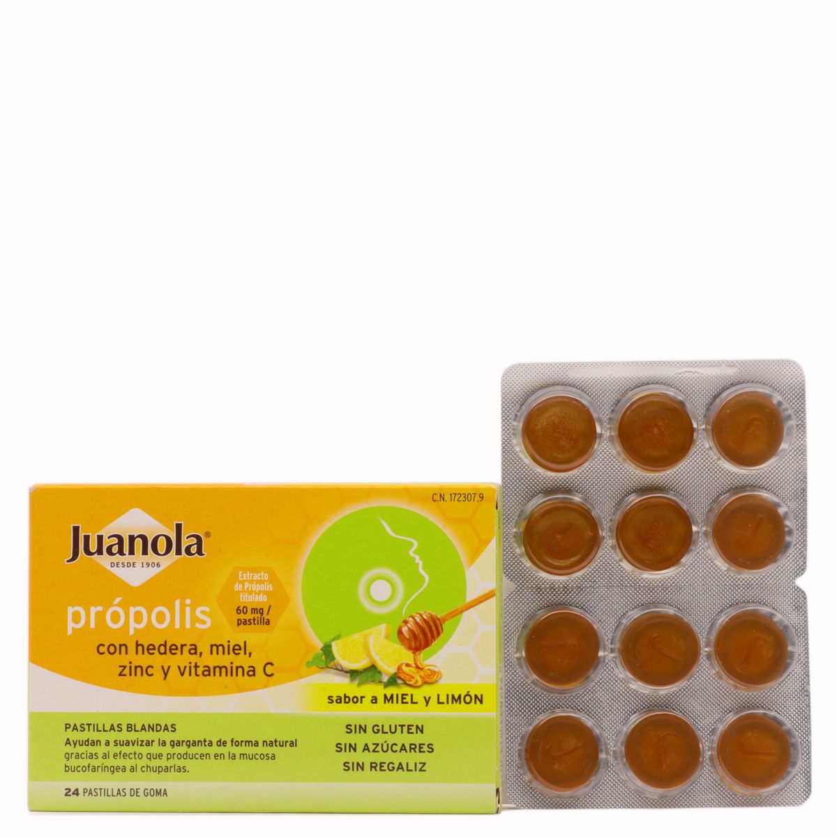 Juanola Própolis con Hedera Miel Zinc y Vitamina C 24 Pastillas de Goma  Sabor Miel y Limón