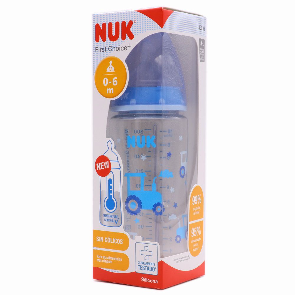 NUK First Choice+ biberones, 0-6 meses, 300 ml, Biberones anticólicos  con tetina con forma anatómica de silicona, Control de temperatura, Sin  BPA, Gris y blanca